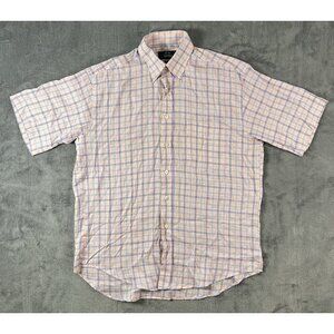 Dalydress Nautical Short Sleeve Button Up Shirt Men's L Pink Plaid 100% Linen